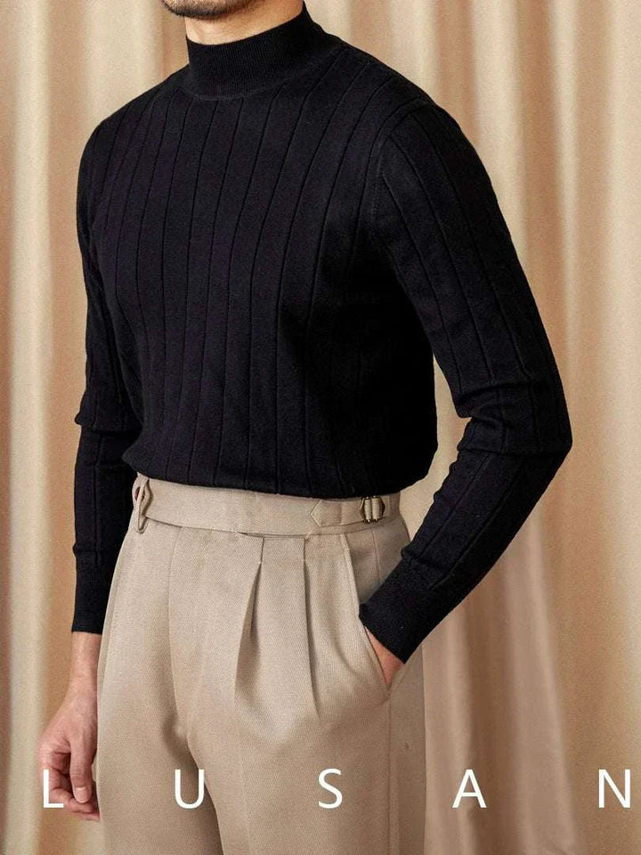 Mr. Lusan pullover slim wool black Italian semi-turtleneck sweater with ribbed texture and sleek fit