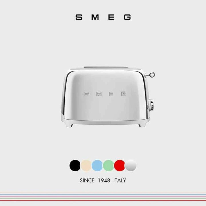 SMEG Italian toaster with retro design and glossy cream finish, wide slots, multiple browning settings, and stainless steel crumb tray in various colors