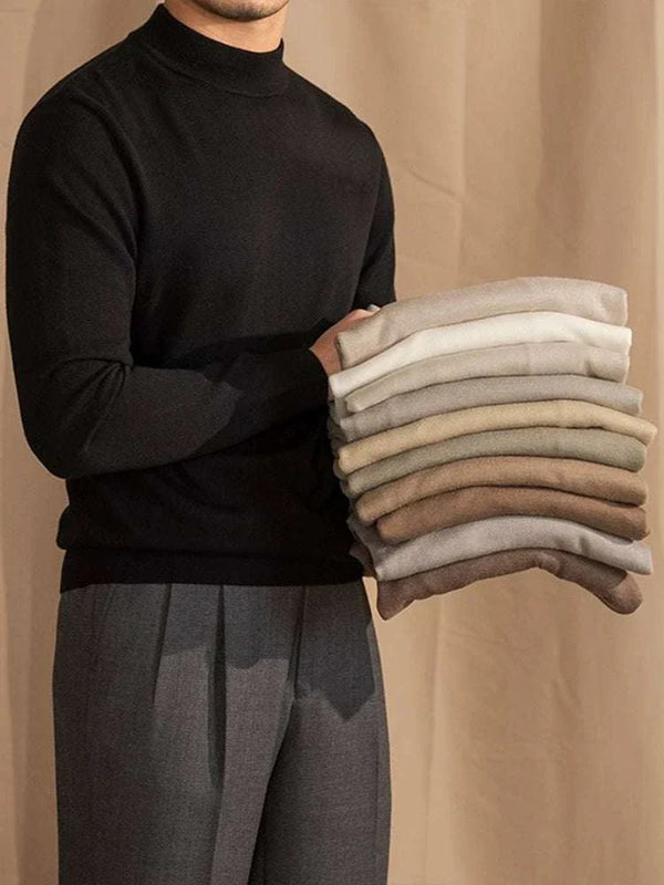 Mr. Lu San's 30% wool half-high neck slim fit sweater in multiple neutral colors with soft texture and elastic cuffs