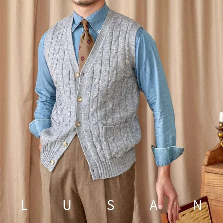 Mr. Lu San's wool cardigan vest British style grey cable knit with pearl buttons and pockets for men