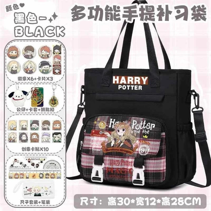 Harry Potter themed school backpack in black with multiple carrying options, large compartments, and free 27-piece accessory set including pins, stickers, and stationery.