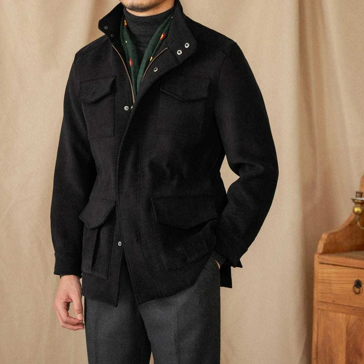 Mr. Lusan جاكيت Italian gentleman suit jacket in black with elegant Italian tailoring, front flap pockets, and hidden zipper for a refined look