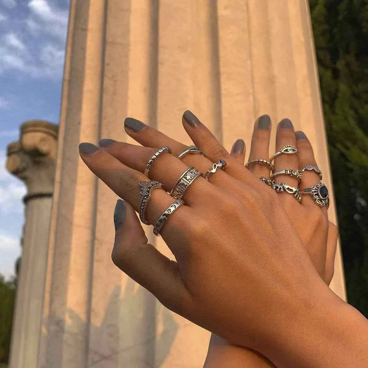 Fashionable retro punk style metal ring set European and American multi-element geometric hollow distressed ring hand ornament women