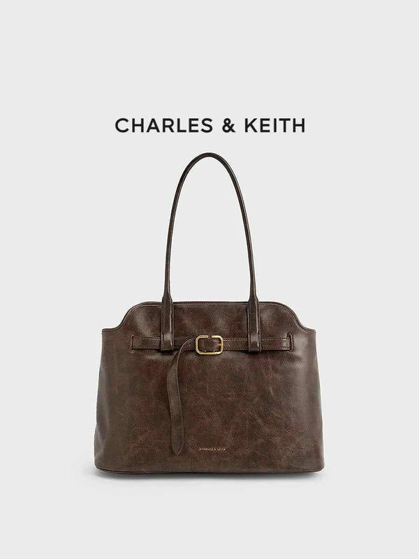 CHARLES&KEITH large brown leather shoulder bag with waist belt and gold buckle detailing