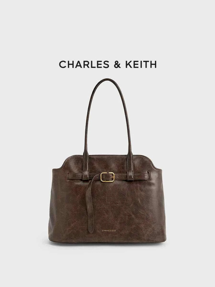 CHARLES&KEITH large brown leather shoulder bag with waist belt and gold buckle detailing