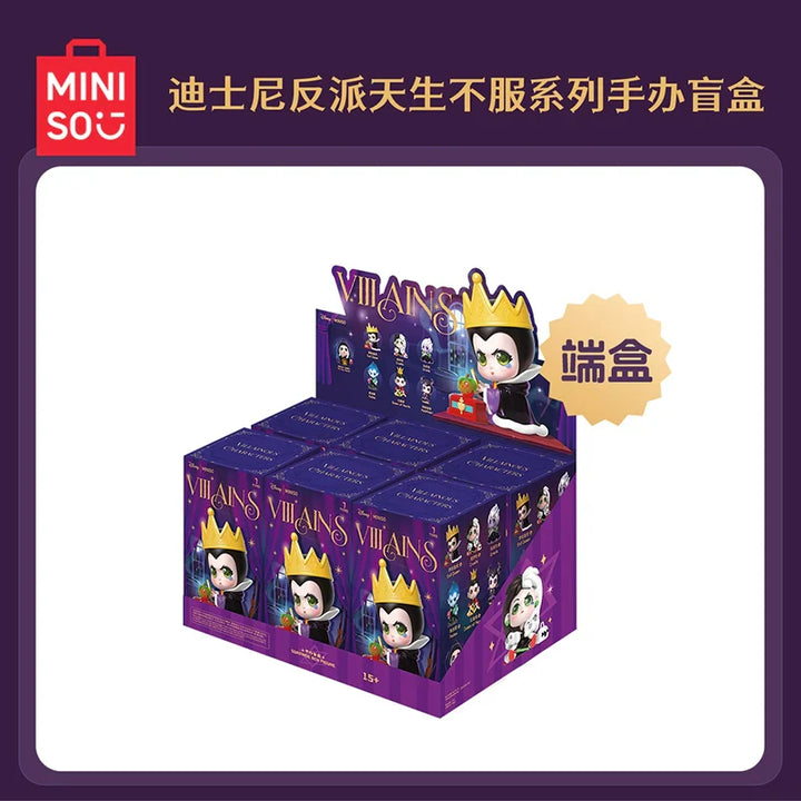 MINISO Disney Villains Blind Box display featuring collectible figures like Evil Queen and Ursula.