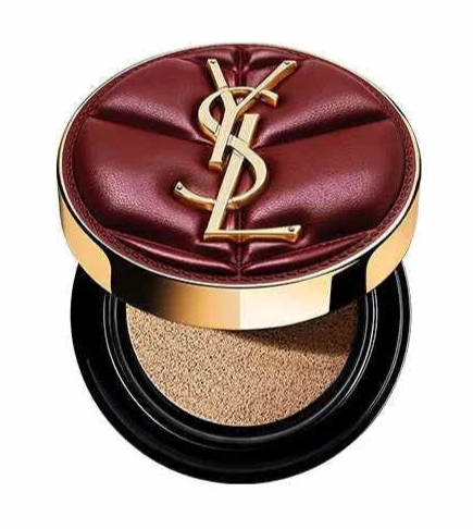 YSL Cushion Foundation luxury compact with creamy beige foundation shade and elegant burgundy gold casing.