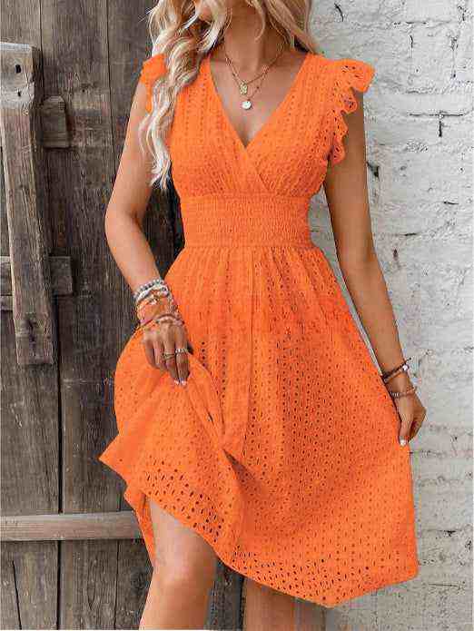 Elegant V-neck women's fashion dress with ruffle sleeves in vibrant orange.