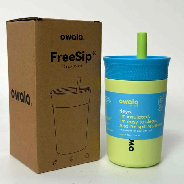 Owala FreeSip insulated kids bottle in blue and green with built-in straw and spill-resistant lid, 12oz capacity