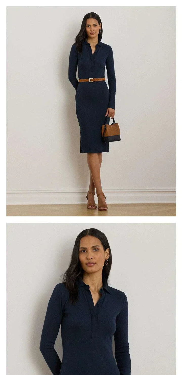 فستان لورين كحلي بطول متوسط وتصميم نحيف بأكمام طويلة وياقة بأزرار مع حزام جلدي وأناقة روزق