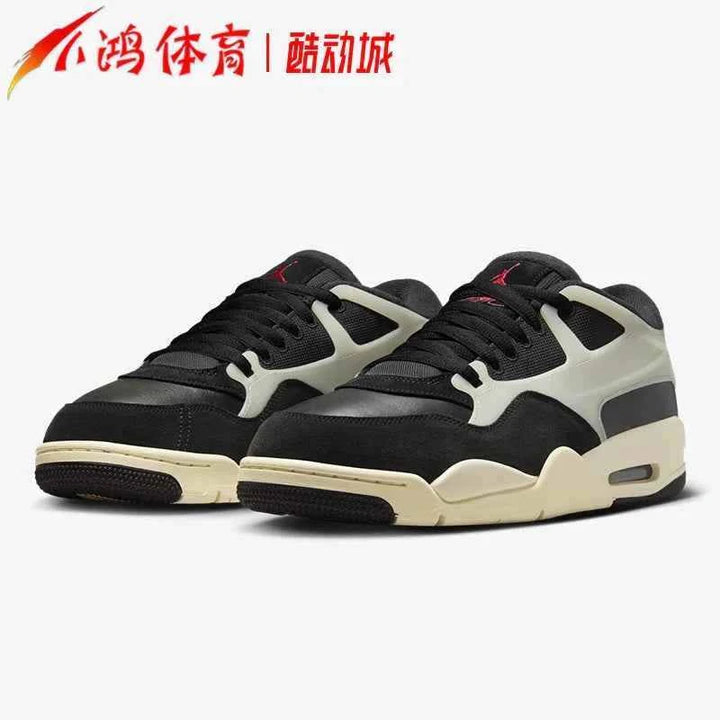 Air Jordan 4 RM sneakers in black, sail, and coconut milk color scheme with robust upper and flexible cage design for enhanced durability.