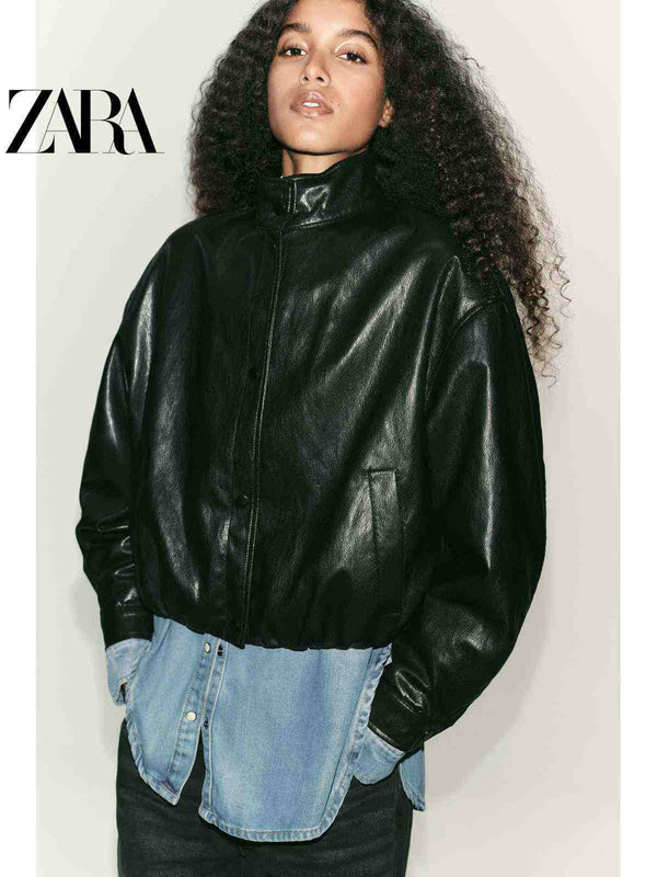 جاكيت بومبر نسائي زيتي صناعي يسهل ارتداؤه بقبة عالية من مجموعةZARA2025 Fall Women's