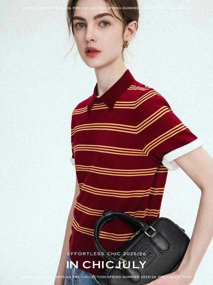 Woman wearing طقم CHICJULY striped burgundy and gold short-sleeve polo shirt with black handbag for casual spring-summer 2025/26 look