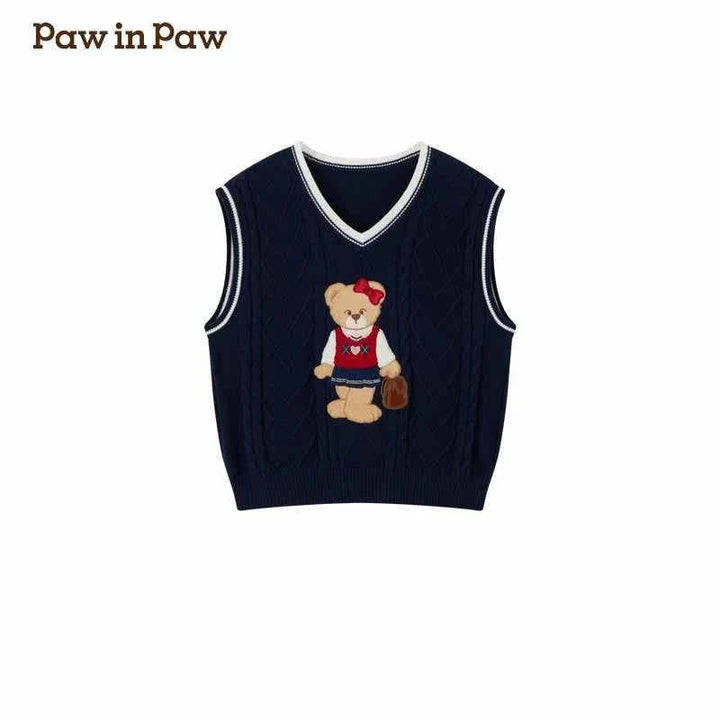 Children's navy blue V-neck woolen vest with PawinPaw cartoon bear design, autumn and winter layering clothing for girls