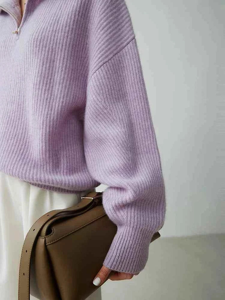 Ruoshi سويتر محبوك نسائي نصف سحاب قطني كاجوال بنفسجي بأكمام طويلة