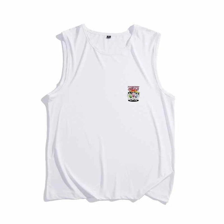 White sleeveless summer T-shirt featuring a small colorful Powerpuff Girls cartoon print, made of soft cotton, casual and youthful style.