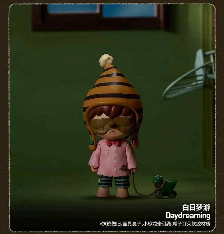 POPMART Hirono Echo Series figurine in tiger hat with toy dog, daydreaming scene.