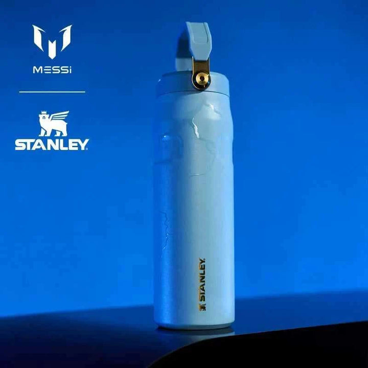 Blue Messi × Stanley limited edition insulated water bottle with flip straw and gold accents