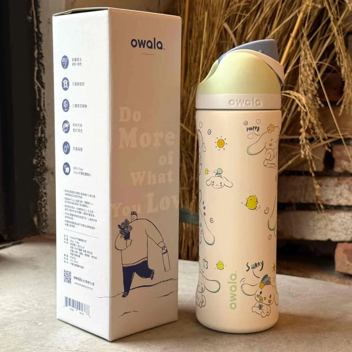 Owala FreeSip stainless steel water bottle with dual spout and leak-proof design featuring cartoon print and 24-hour cold retention.