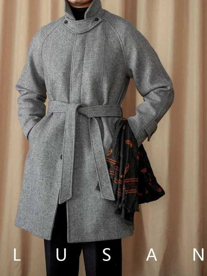 Mr. Lusan British Slim Jacket grey wool blend slim fit coat with belt and stand collar
