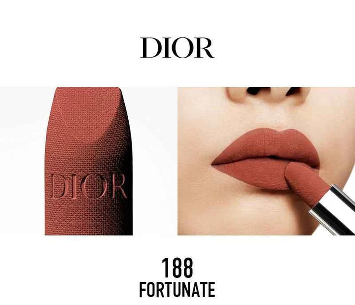Rouge Dior الكلاسيكية 188 Fortunate lipstick with rich, silky texture on lips and close-up of embossed Dior brand on lipstick bullet