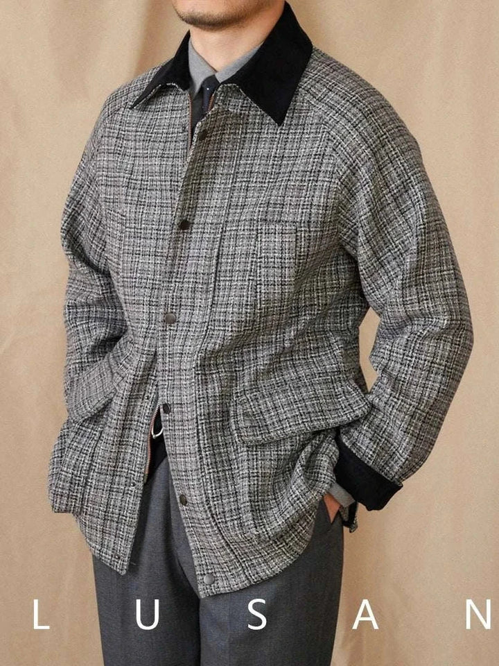 Mr. Lusan 50% wool British vintage jacket with gray tweed pattern, black velvet collar, and front button pockets