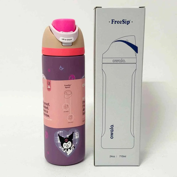 Owala FreeSip Cute Edition leak-proof water bottle with dual spout and adorable character design, keeps drinks cold for 24 hours.