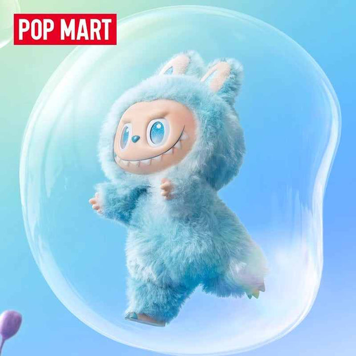 Pop Mart x LABUBU The Monsters High Energy Series collectible toy in blue furry costume with bubble background.