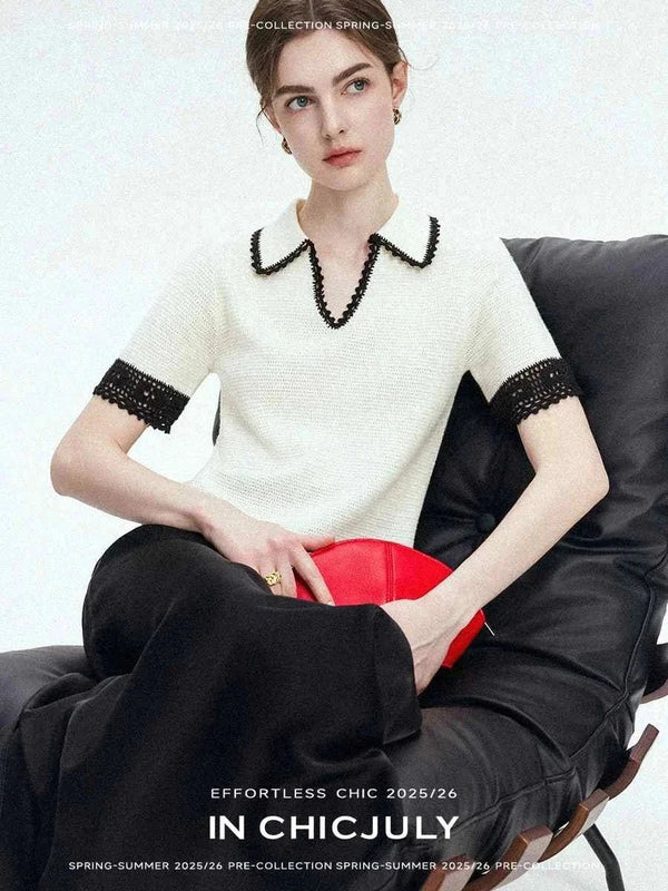 بلوزة White CHICJULY blouse with black trim on collar and sleeves, elegant spring-summer 2025/26 fashion