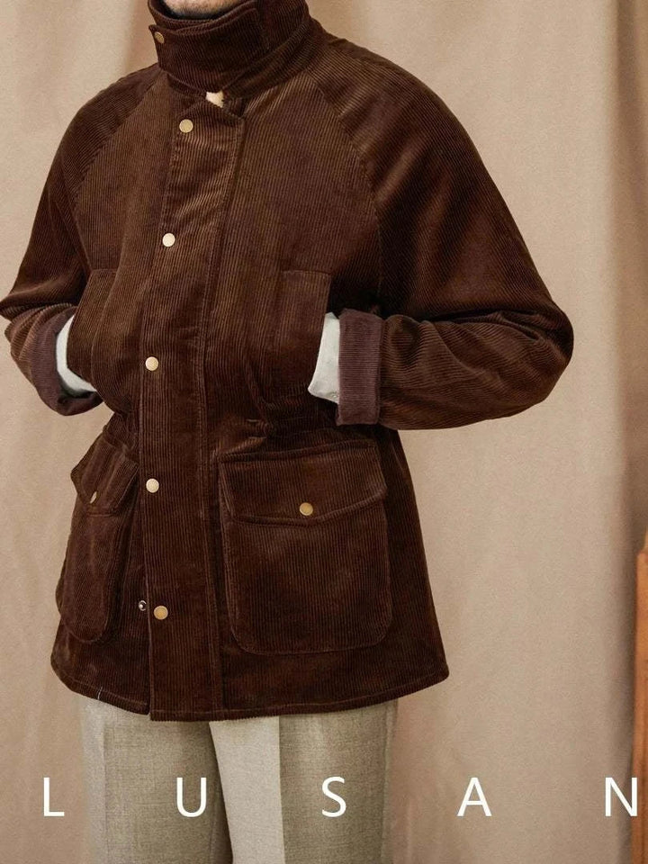 Mr. Lusan جاكيت British brown corduroy jacket with golden button pockets and adjustable waist cord