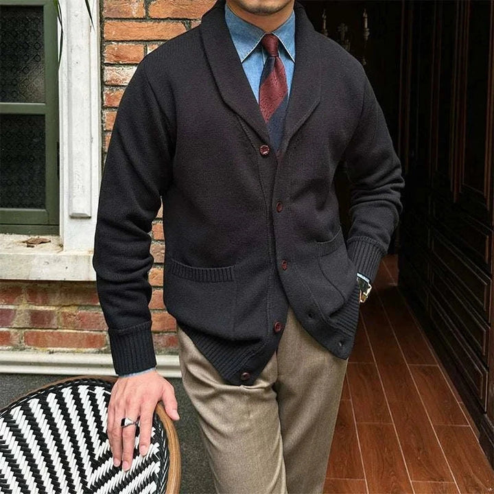Mr. Lu San Japanese slim casual cardigan with shawl collar and brown buttons in black