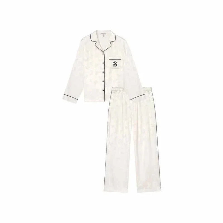 Victoria's Secret star satin moonlight silk white long sleeve pajama set with black piping for women summer loungewear
