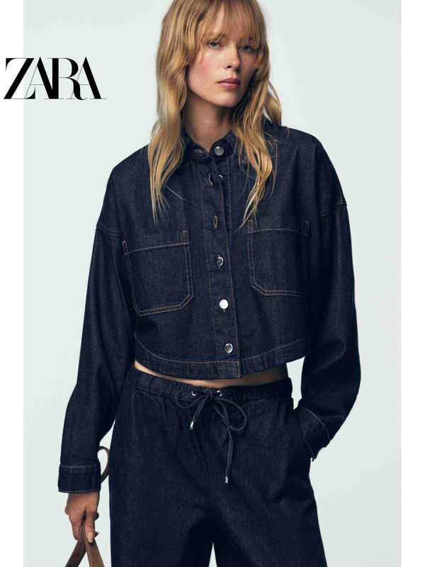 قميص جينز بأكمام طويلة وياقة قصيرة نسائي من مجموعة ZARA2025 Fallخريف مدرج بأزرار أمامية