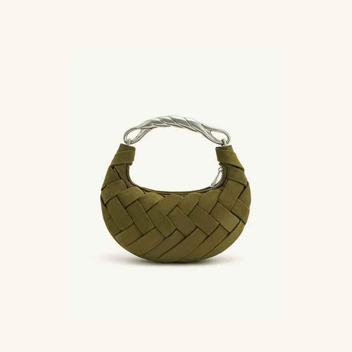 JW PEI Bird's Nest Bag Orla woven olive green one shoulder crossbody handbag with silver twisted handle