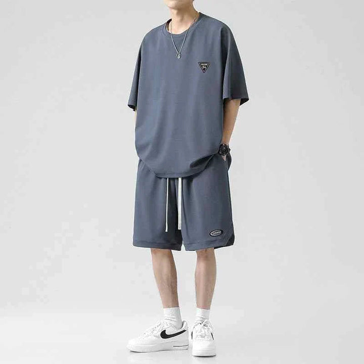 Men's loose Ice Silk set with practical shorts in dark gray, soft wrinkle-resistant fabric for summer comfort