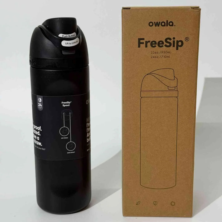 Black Owala Thermos Cup with FreeSip spout next to its brown packaging box