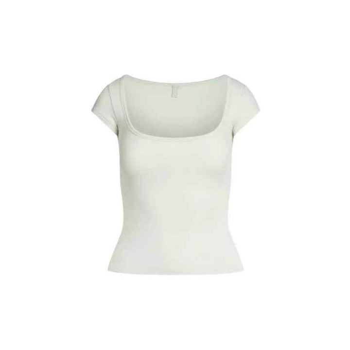 White SKIMS essential square neck short sleeve tee with a fitted silhouette and soft stretchy fabric.