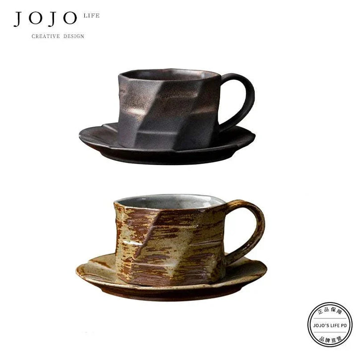 Handmade JOJO'S L.PD. East. ceramic coffee cups with matching saucers in retro Japanese design