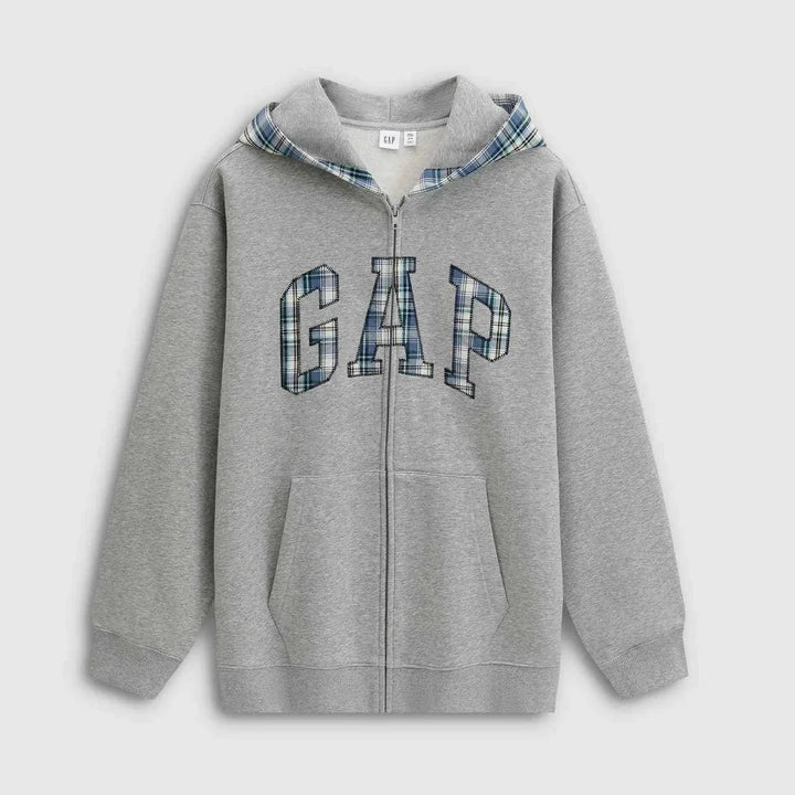 GapGap هودي أصلي بكاروهات رجالي ونسائي برقبة وجيوب أمامية مع قماش ناعم باللون الرمادي