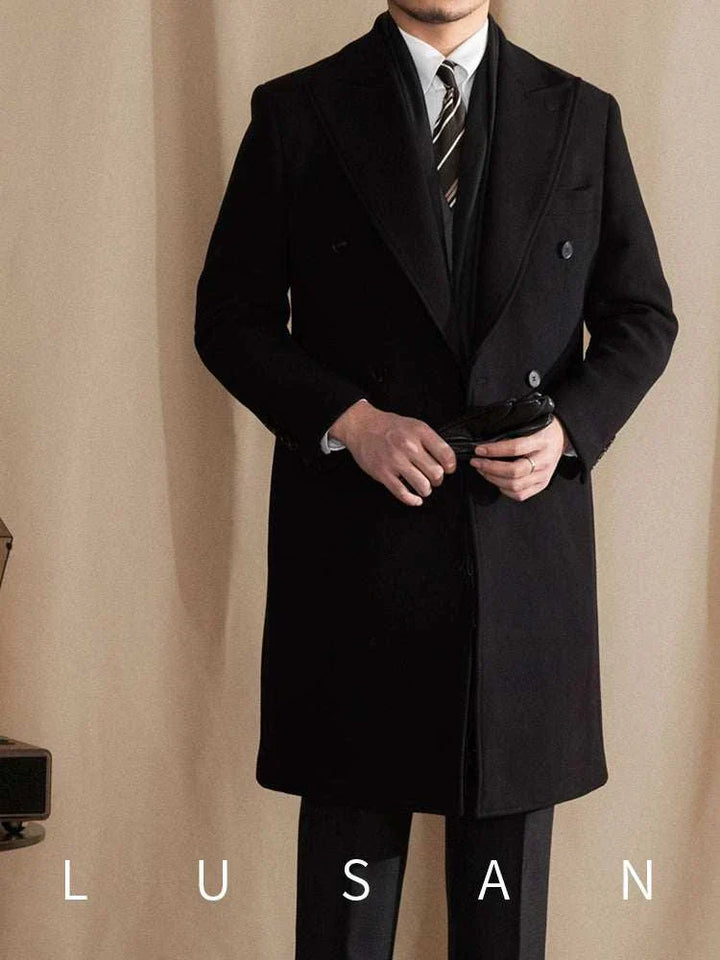 Mr. Lusan coat black wool double-breasted formal long coat with wide lapel and front pockets
