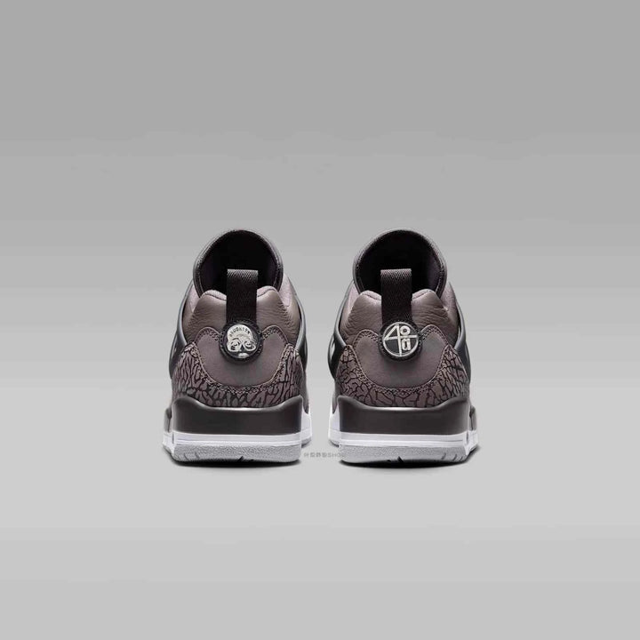 Nike Jordan Spizike men's shoes in cave stone, anthracite, medium ash, and rattan, rear view showing durable rubber sole.