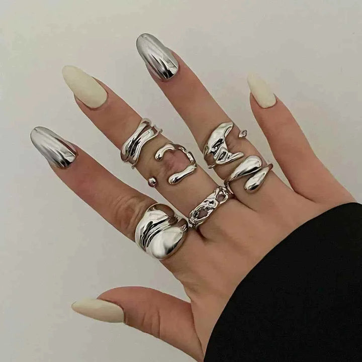 طقم خواتم نسائية معدنية بتصميم مفتوح على شكل قطرة ماء بلمسة عصرية ولمعان لامع يناسب موضة 2025 والأناقة الأوروبية الأمريكية العابرة للحدود