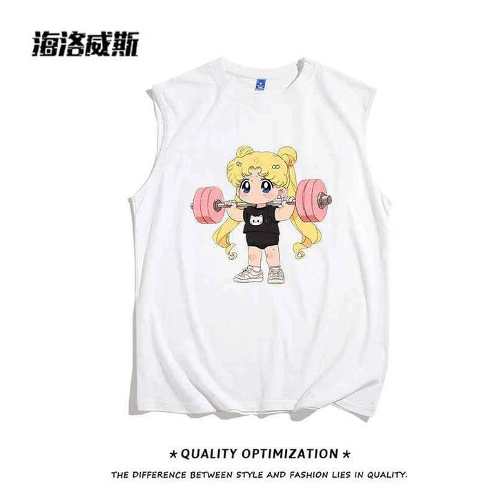White sleeveless girls' cartoon sports tank top with anime girl lifting pink weights and cat design, soft cotton fabric.