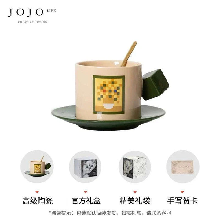 فنجان قهوة JOJO سيراميك تصميم مكعب روبيك مع صحن وملاعق أنيقة عالي الجودة مقاوم للبقع والخدوش
