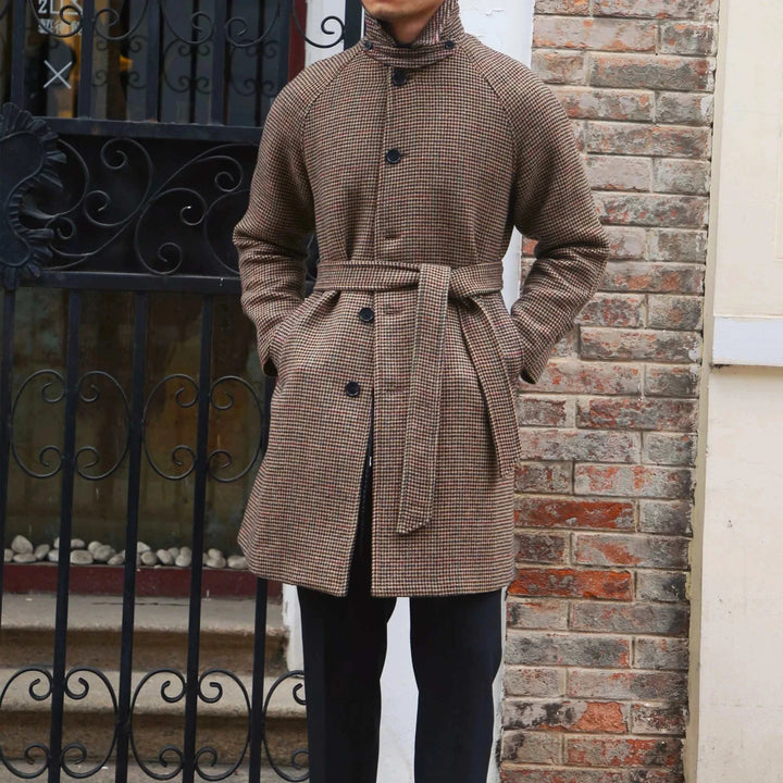 Mr. Lu San Balmacan wool coat brown and beige houndstooth pattern with belt and raglan sleeves perfect for formal and casual wear
