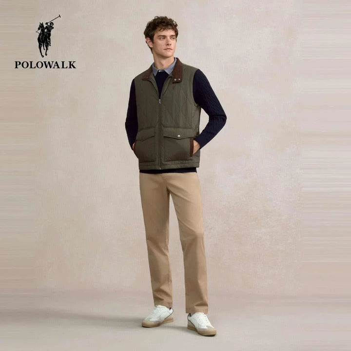 فيست رجالي Polowalk مبطن بلون زيتي مع حياكة كابيتوني وأزرار مزدوجة وياقة عالية وأكمام بدون أكمام وجيوب أمامية كبيرة وسحاب معدني مقاوم للبرد والريح