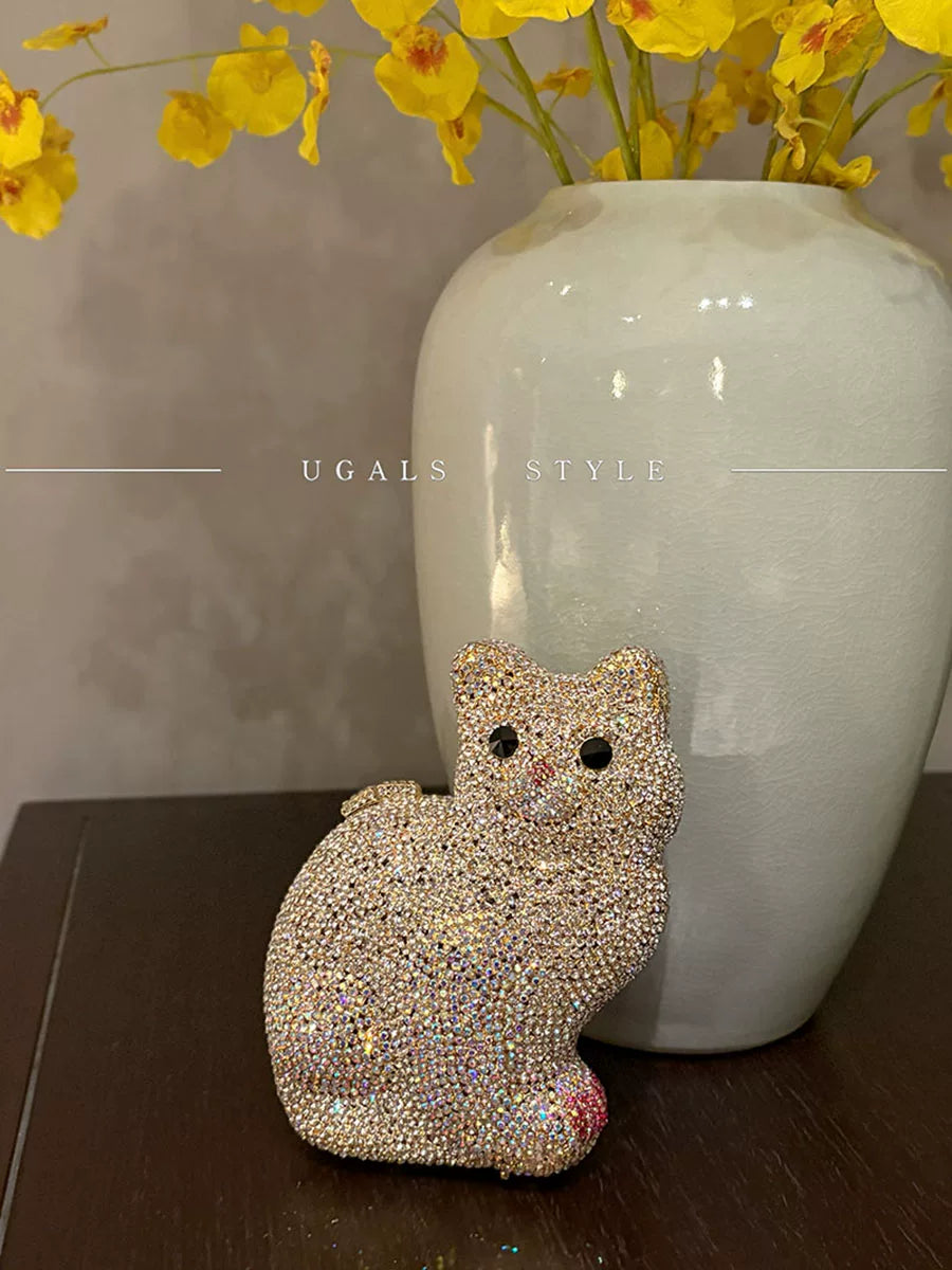UGALS Heavy Industry Retro Celebrity Full Water Diamond Glass Cute Cartoon Kitten Banquet Hand Handle Crossbody Bag