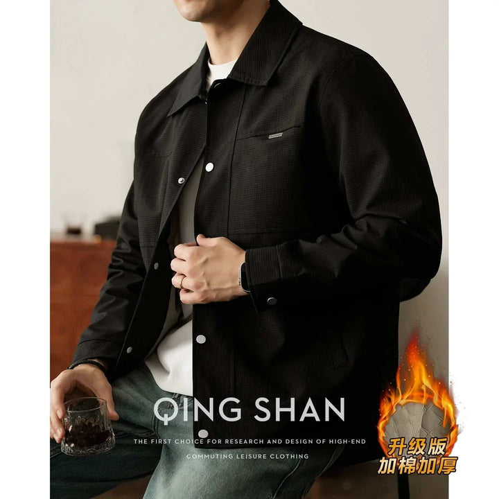 جاكيت رجالي كاجوال أسود من قماش بوليستر فاخر مقاوم للتجعد بتصميم أنيق عملي ومناسب للعمل والجامعة والمشاوير اليومية