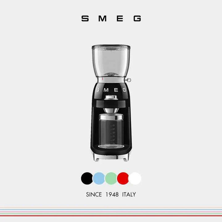 SMEG coffee grinder with stainless steel conical blades and adjustable 30 grind levels in elegant black design