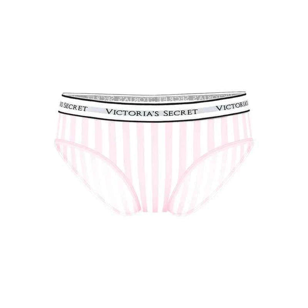 سروال داخلي نسائي مريح من القطن بخطوط وردية وشعار Victoria's Secret على الخصر
